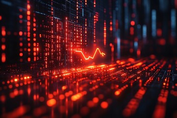 Leinwandbilder - Abstract Red Data Stream with Digital Grid Background for Tech and Finance Concepts High Tech Data Visualization : Generative AI