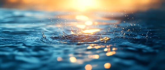 Poster - Water Drop Splashing in Blue Water with Golden Sunset Reflecting Serene Nature Scene of Liquid Motion and Calm Light : Generative AI