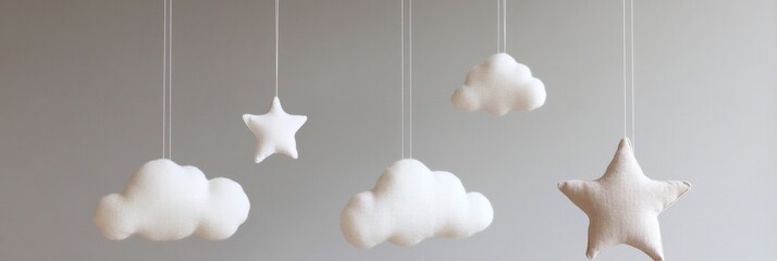 Fototapete - Delicate stars and clouds suspended from invisible strings create a whimsical nursery decor