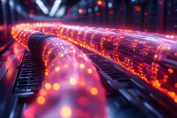 Wall Mural - illuminated fiber optic cables transmit data in a futuristic setting.