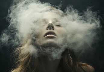 Poster - Mysterious image of a woman with swirling smoke obscuring her face in a dark setting : Generative AI