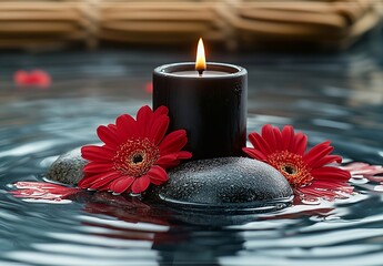 Poster - Tranquil Spa Scene with Candle Flowers and Stones in Water for Relaxation and Meditation : Generative AI