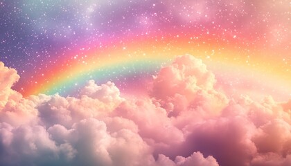 Aufkleber - Enchanting pastel rainbow rising above soft clouds with sparkling stars in a dreamy sky atmosphere : Generative AI