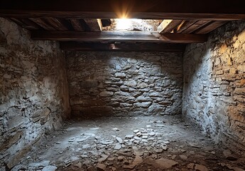 Fototapete - Sunlit Basement with Rough Stone Walls and Beams Casting Shadows on the Floor : Generative AI