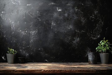 Aufkleber - Moody Backdrop Dark Grunge Texture with Wood Table and Potted Plants for Product Photography and Atmospheric Compositions : Generative AI