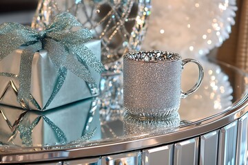 Wall Mural - Glamorous Mother's Day scene with a glitter-dusted gift and a crystal-studded coffee mug on a mirrored vanity table.
