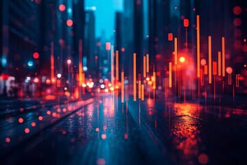 Poster - Abstract Cityscape with Rising Red Bars and Bokeh Lights Modern Financial District Concept : Generative AI