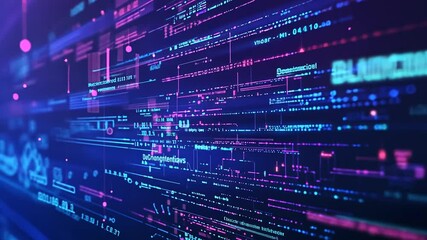 Futuristic digital code visualization with neon glow and data stream background