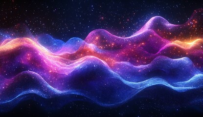Poster - Captivating flow of cosmic waves shimmering with stars and colorful hues creating a mystical effect : Generative AI