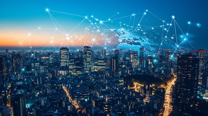 Poster - illuminated city at night with advanced digital networks and technology : generative ai