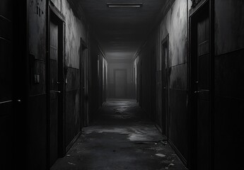 Aufkleber - Gloomy monochrome corridor showcasing worn walls and an unsettling ambiance for horror settings : Generative AI