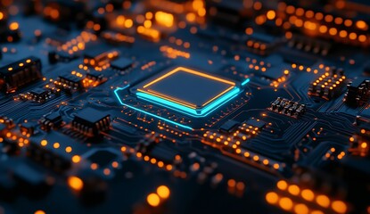 Fototapete - Modern close up of a microchip illuminated in blue and orange tones showcasing intricate electronic designs : Generative AI
