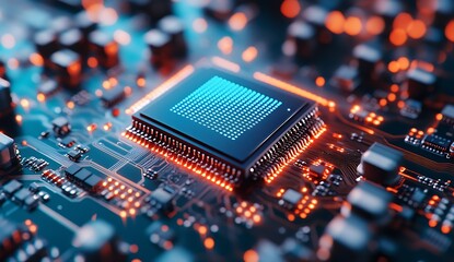 Poster - Detailed close up of a microchip with intricate circuitry and vibrant lights showcasing modern technology : Generative AI
