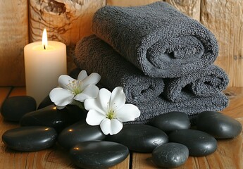 Poster - Serene Spa Scene with Rolled Towels White Flowers Candle and Black Stones on Wood Background for Relaxation and Wellness : Generative AI