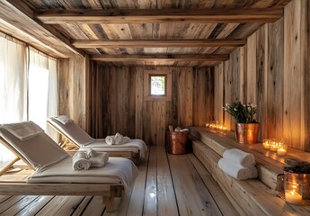Poster - Tranquil spa retreat with wooden decor featuring lounge chairs and soft lighting for relaxation : Generative AI