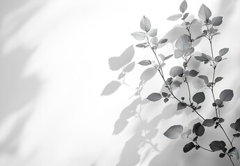 Poster - Elegant Black and White Photo of Tree Branch with Leaves and Shadow on White Wall for Minimalist Decor : Generative AI