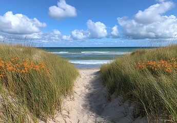 Aufkleber - Pathway flanked by orange wildflowers leading to a peaceful beach with soft waves and rolling clouds : Generative AI