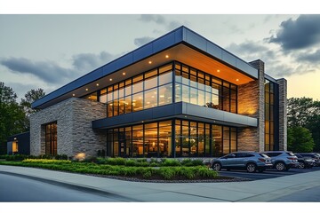 Aufkleber - Modern Office Building Exterior with Glass Windows Stone Facade and Landscape Design : Generative AI