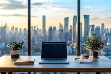 Leinwandbilder - Workspace with Laptop Overlooking City Skyline Modern Office Setup at Sunset Productive Work Environment : Generative AI
