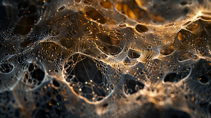 A close up of a spiderweb with water droplets and a dark background with golden highlights around it .