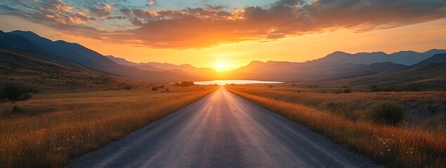 Aufkleber - Scenic Highway Leading to a Majestic Sunset Over Mountain Range Landscape Road Trip Adventure : Generative AI