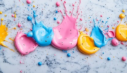 Poster - Bright splatters of blue pink and yellow paint on a marble surface for artistic photography : Generative AI