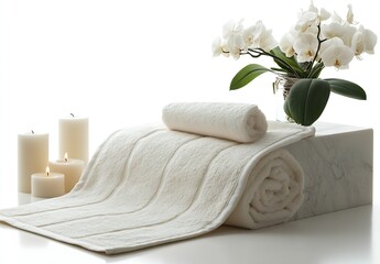 Poster - Spa Essentials with Soft Towels and Elegant White Orchids on a Marble Surface : Generative AI