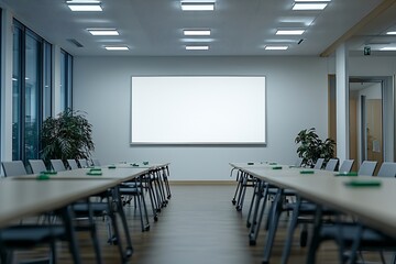 Leinwandbilder - Conference Room Setup with Blank Whiteboard Business Meeting Space Empty Classroom Presentation Area Corporate Training Facility : Generative AI