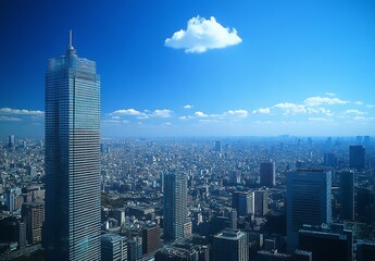 Poster - Aerial cityscape with towering buildings below a vibrant blue sky embellished with a cloud : Generative AI