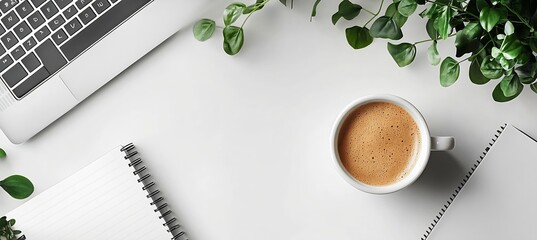 Fototapete - Flat Lay Office Workspace with Laptop Coffee Cup and Plant Ideal for Remote Work and Productivity Themes : Generative AI