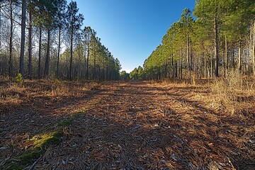 Poster - Scenic Forest Path with Pine Trees and Needle Covered Ground Under a Clear Blue Sky Serene Nature Landscape : Generative AI