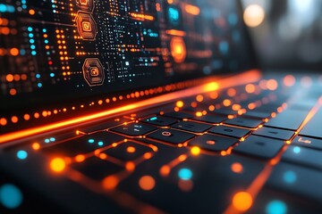 Fototapete - Close Up of Modern Laptop Keyboard with Glowing Keys and Futuristic Circuit Board Tech Innovation Digital Transformation Concept : Generative AI