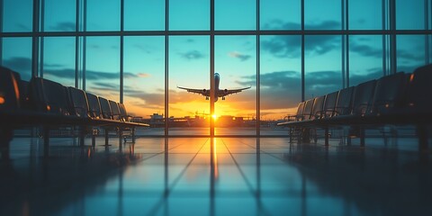Aufkleber - Dramatic Airport Sunset View Airplane Taking Off Against a Colorful Sky from Inside Modern Terminal Windows : Generative AI