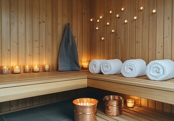 Aufkleber - Cozy and serene sauna ambiance featuring fresh towels soft lights and metal accessories enhancing relaxation : Generative AI