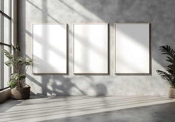 Fototapete - Minimalist Interior with Blank Frames on Concrete Wall and Green Plants Modern Room Design with Sunlight and Natural Light : Generative AI
