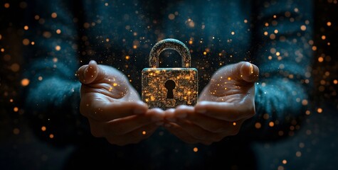 Leinwandbilder - Cyber Security Padlock in Hands Protection and Safety Digital Data Encryption and Privacy Technology : Generative AI