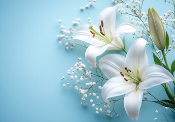 Aufkleber - Elegant display of two white lilies with delicate gypsy flowers artfully arranged on a soothing blue backdrop : Generative AI