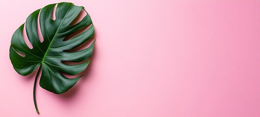 Poster - Monstera Leaf on Pink Background Minimalist Tropical Plant Art Flat Lay Green Leaf Design Aesthetic Botanical Beauty : Generative AI