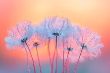 Poster - Pastel Dandelion Seed Heads Against Soft Sunset Sky Delicate Blowball Flowers Ethereal Spring Scene Serene Nature Beauty : Generative AI