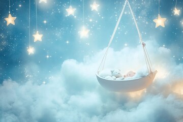 Aufkleber - Dreamy cradle floating in clouds with stars, creating a soothing bedtime atmosphere for children
