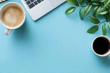 Leinwandbilder - Minimalist Workspace Flat Lay with Coffee Cups Laptop and Green Plant on Blue Background for Modern Business and Creativity : Generative AI