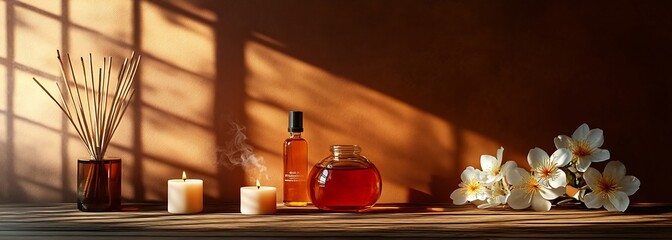 Aufkleber - Cozy Home Ambiance with Aroma Diffuser Candles and Flowers on Wooden Table in Warm Sunlight Photography : Generative AI