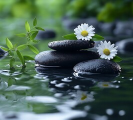 Fototapete - Zen Garden Still Life with Stacked Black Stones Daisy Flowers and Green Bamboo serene meditation wellness nature scene peace : Generative AI