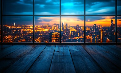 Leinwandbilder - Night Cityscape View from Window with Wooden Floor Dramatic Evening Urban Skyline Background : Generative AI