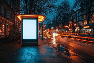 Aufkleber - Cityscape at Night with Illuminated Bus Stop Amsterdam Netherlands Urban Scene Photography Light Trails Modern Architecture : Generative AI