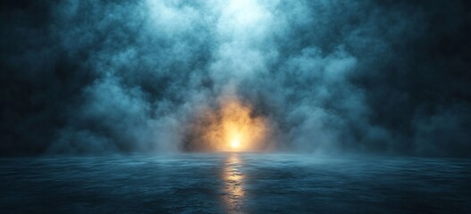 Poster - Mysterious Foggy Scene with Golden Light Emanating from Horizon on Wet Surface for Fantasy or SciFi Backdrop : Generative AI