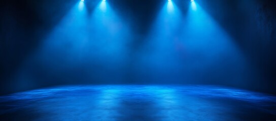 Aufkleber - Blue Stage Lighting. Dramatic Empty Stage with Deep Blue Lights Illuminating the Floor for Theater Concert or Performance Setting : Generative AI