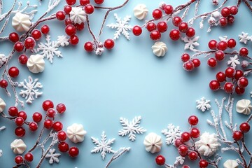 Aufkleber - Festive Holiday Background with Red Berries Snowflakes and Meringues on Light Blue Creating a Cheerful Winter Scene : Generative AI