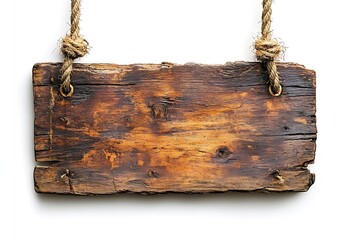 Aufkleber - Rustic Wooden Sign Hanging by Rope Blank Wood Texture Background for Custom Message or Advertisement Natural Aged Look : Generative AI