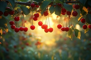 Aufkleber - Ripe Cherries Hanging from Branch in Summer Garden  Sweet Fruit Harvest in Orchard with Blurred Background : Generative AI